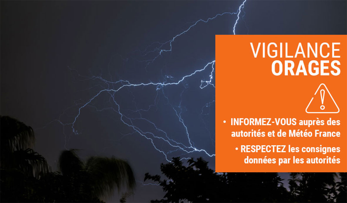 Conditions météorologiques (actualisation) : vigilance ORANGE orages – vigilance JAUNE vent violent