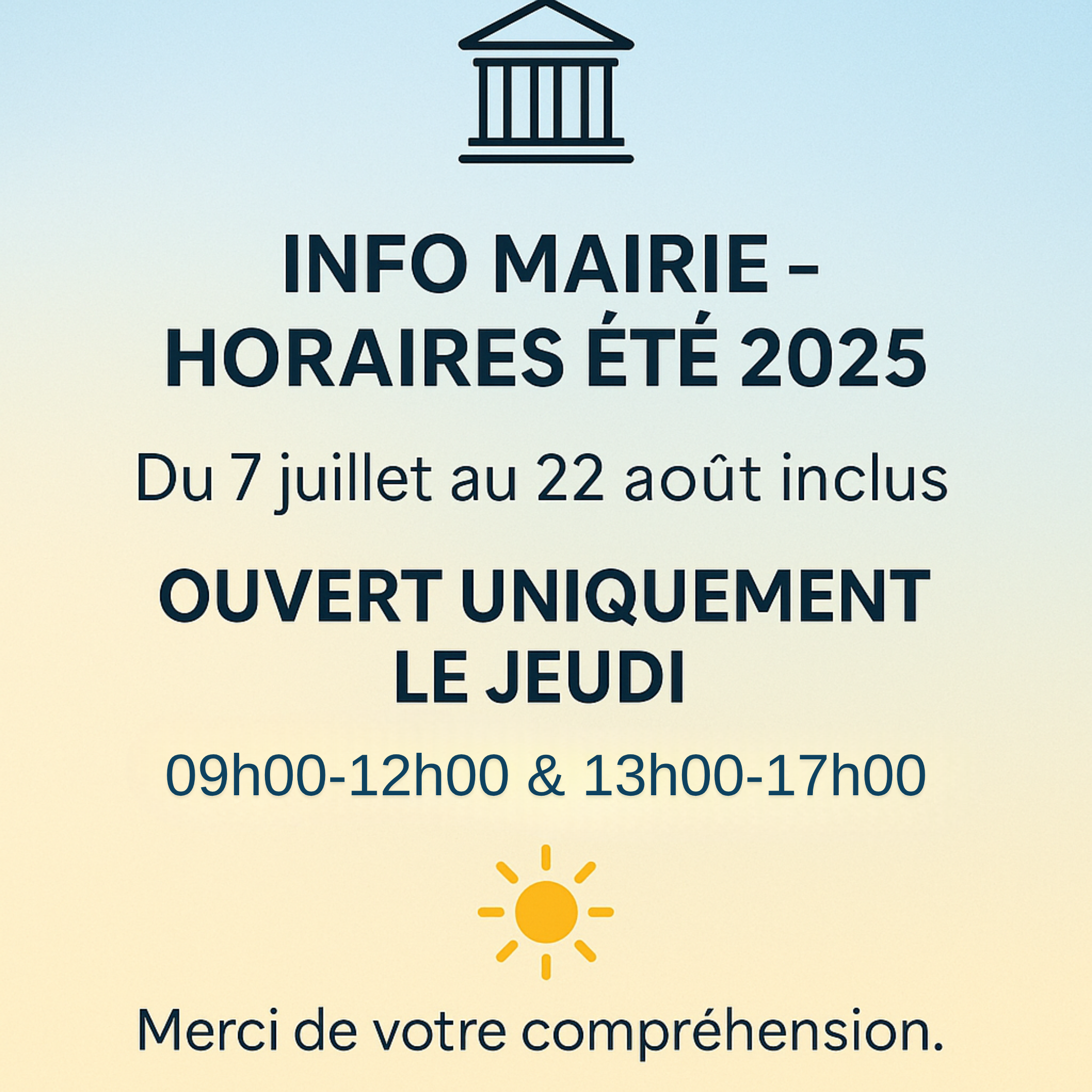 Horaires d’été d’ouverture de la Mairie