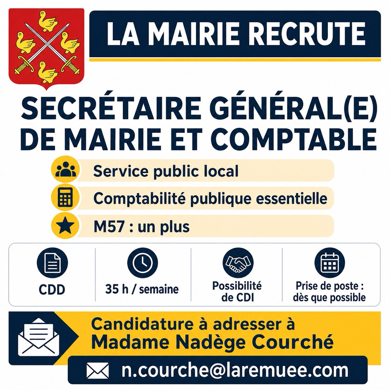 La mairie recrute un(e) secrétaire général(e) de mairie et comptable